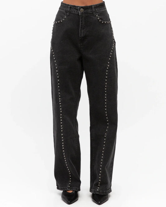 Paper Heart Contrasting Stud Denim Pants Charcoal