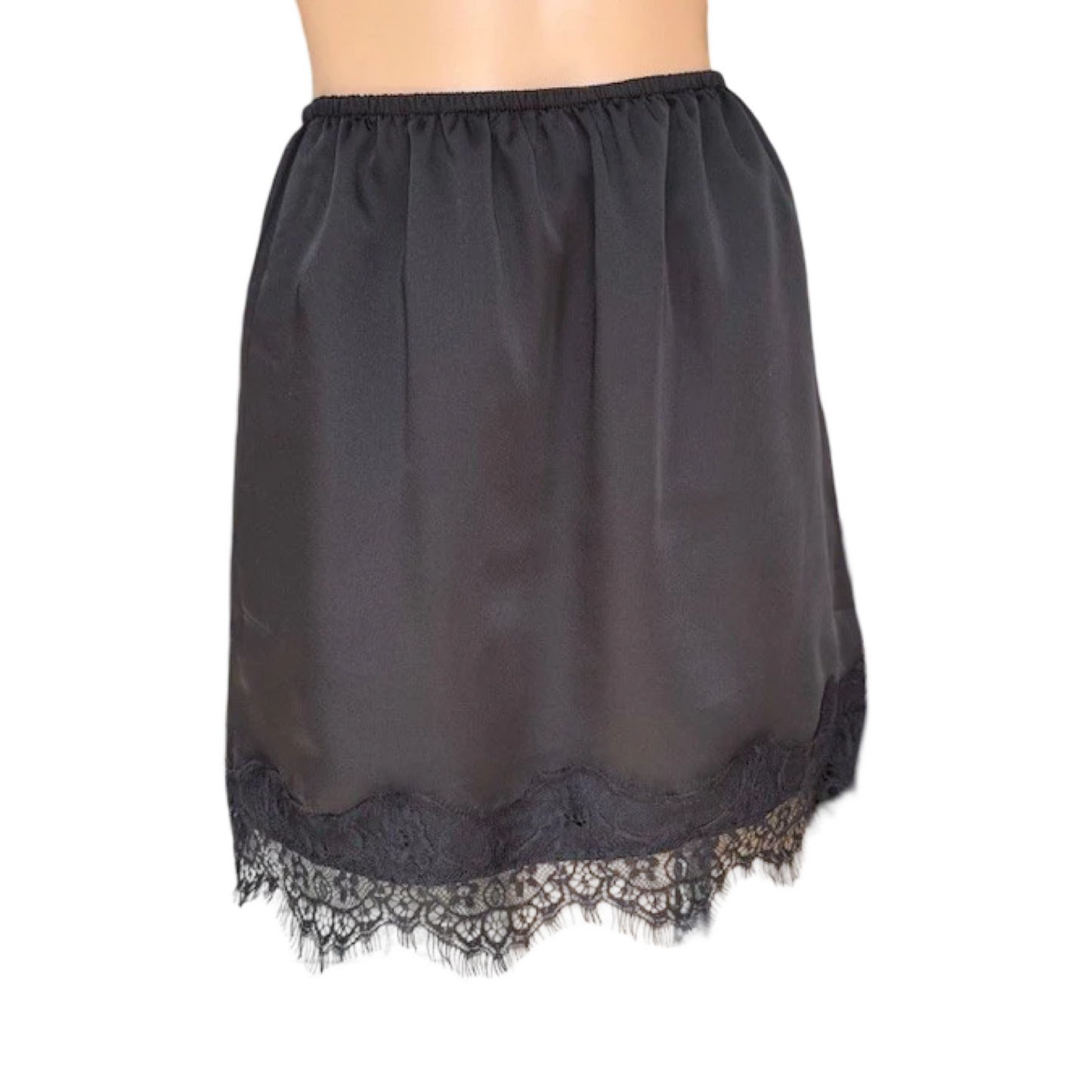 Black satin petticoat with lace trim on a white background