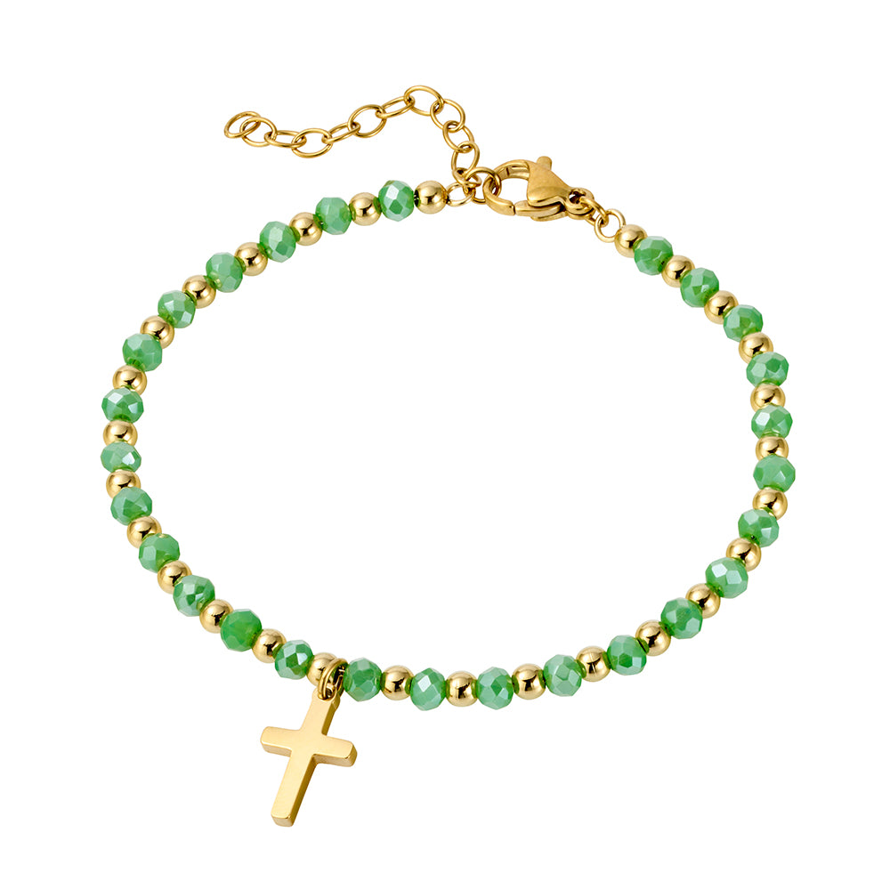 Green Glass Bead Rosary Bracelet with Gold Cross